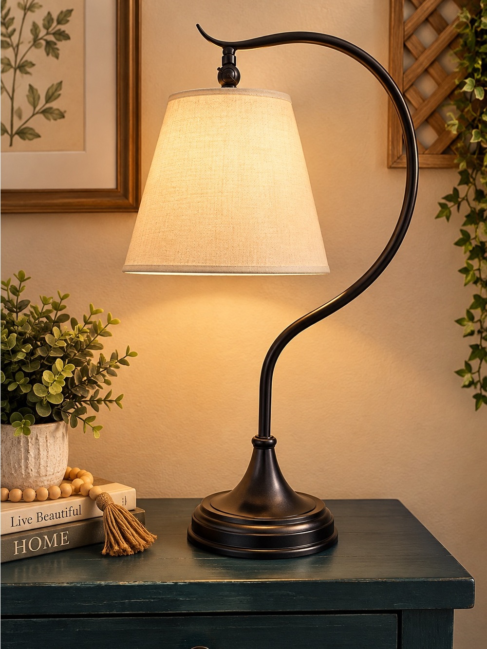 Classic Curved Table Lamp with Beige Shade